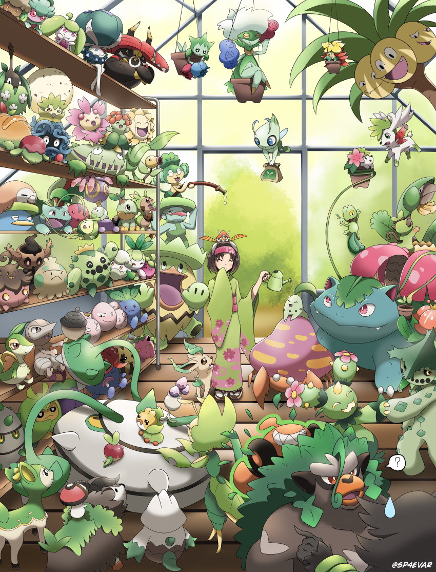 1girl, ?, absurdres, alolan_exeggutor, appletun, applin, bellossom, budew