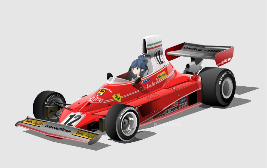 1girl, absurdres, artist_name, black_shirt, blue_hair, brembo, car, ferrari