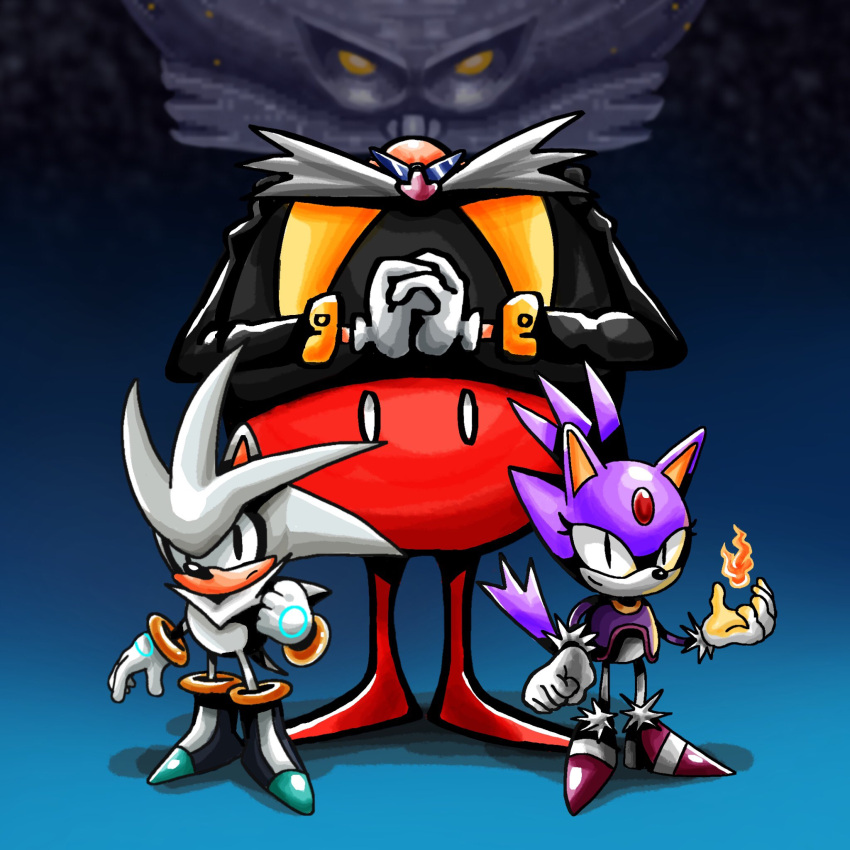 1girl, 2boys, animal_ears, bald, blaze_the_cat, cat_ears, chaotix99x, death_egg