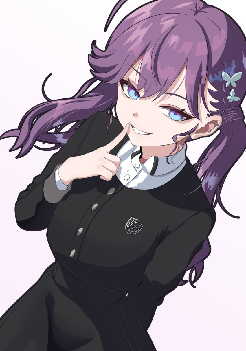 1girl, ahoge, bags_under_eyes, black_jacket, black_outline, black_skirt, braid, butterfly_hair_ornament, commentary_request, cropped_jacket, dutch_angle, finger_to_mouth, gakuen_idolmaster, gokugetsu_academy_school_uniform, hair_ornament, high-waist_skirt, highres, idolmaster, jacket, kaya_rinha, long_hair, looking_at_viewer, nobunaga1207, outline, purple_hair, school_uniform, shirt, simple_background, skirt, smile, solo, twintails, white_background, white_shirt