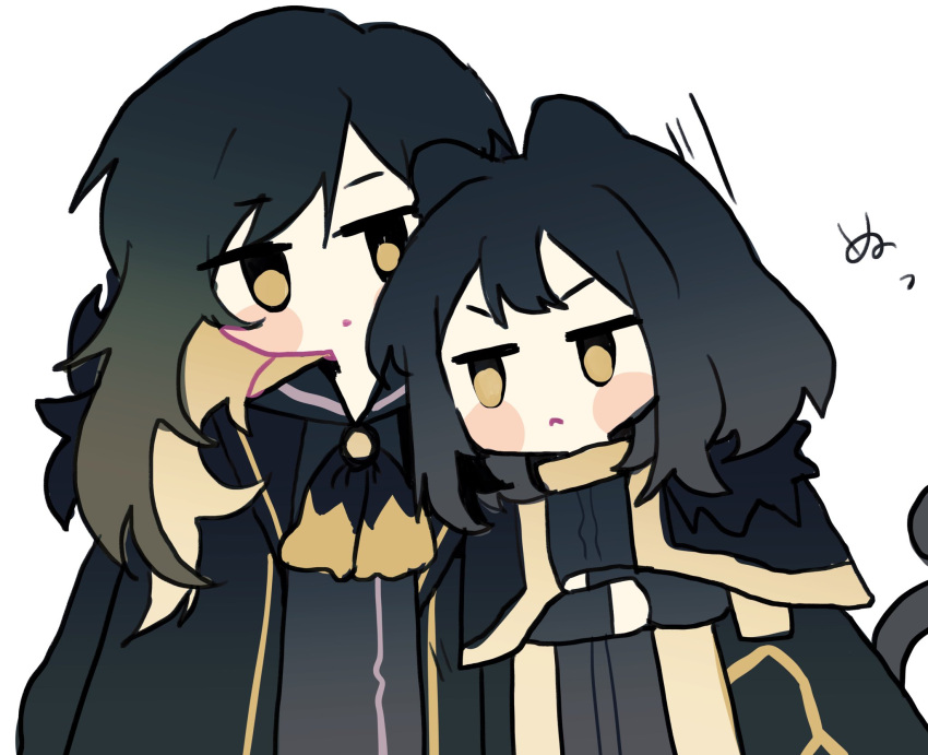 2girls, 9sn6m, animal_ears, binah_(project_moon), black_bow, black_bowtie, black_cape, black_capelet