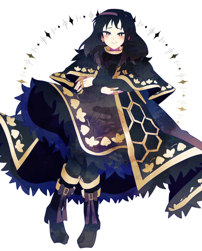 1girl, 9sn6m, black_capelet, black_coat, black_footwear, black_hair, black_pantyhose, boots