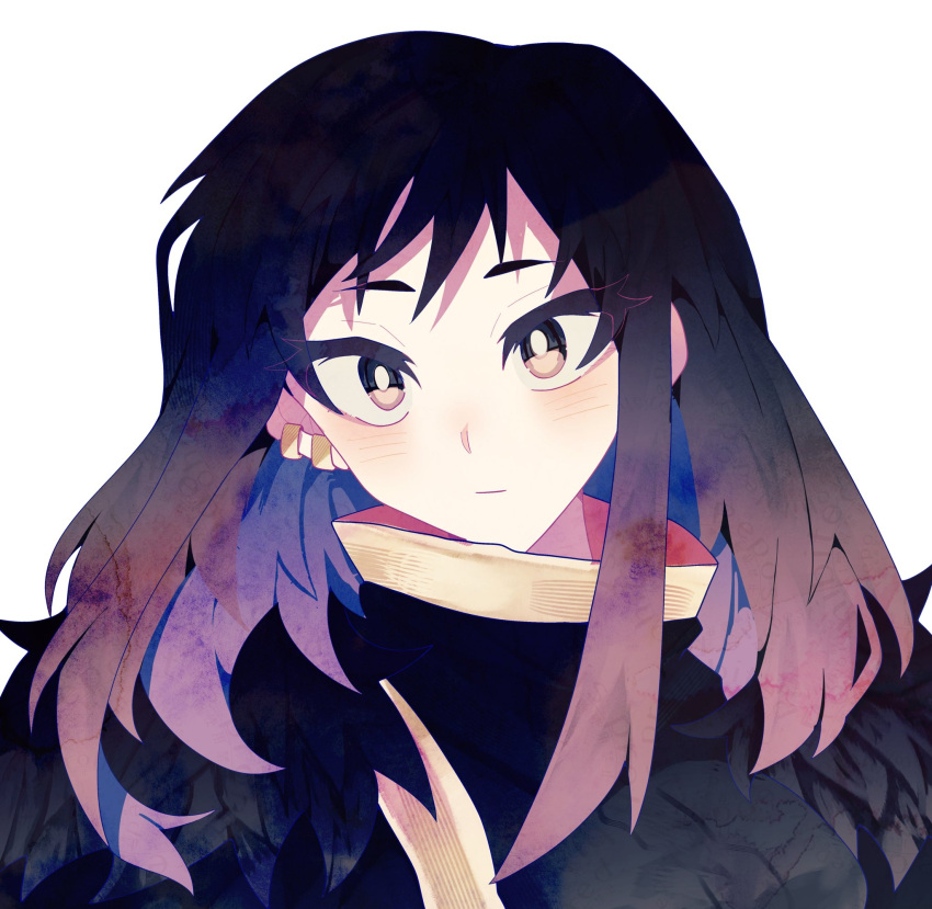 1girl, 9sn6m, black_dress, black_hair, closed_mouth, dress, ear_piercing, feather_collar