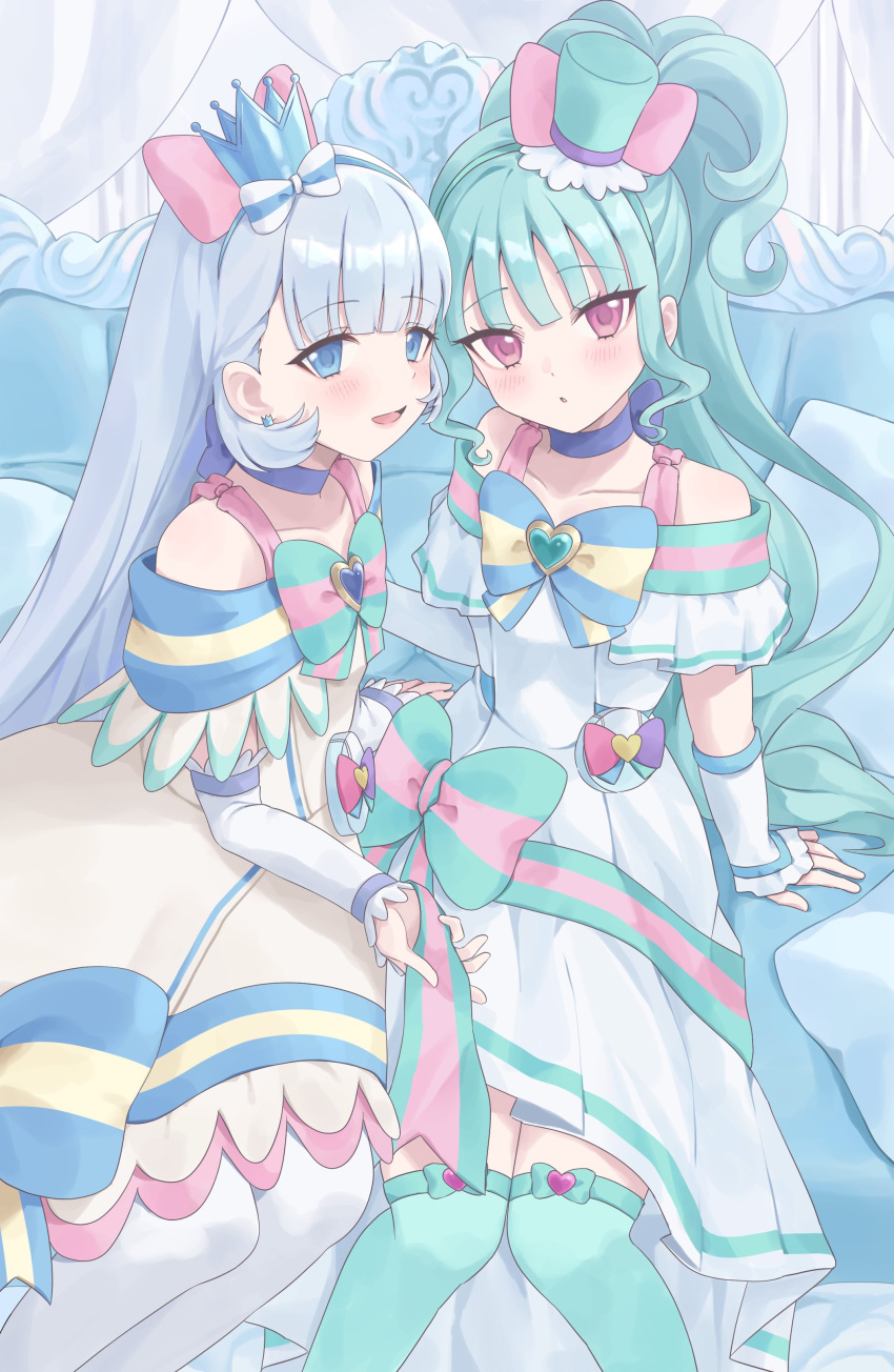 2girls, absurdres, aqua_hair, aqua_thighhighs, arm_warmers, bed, blue_choker, blue_eyes