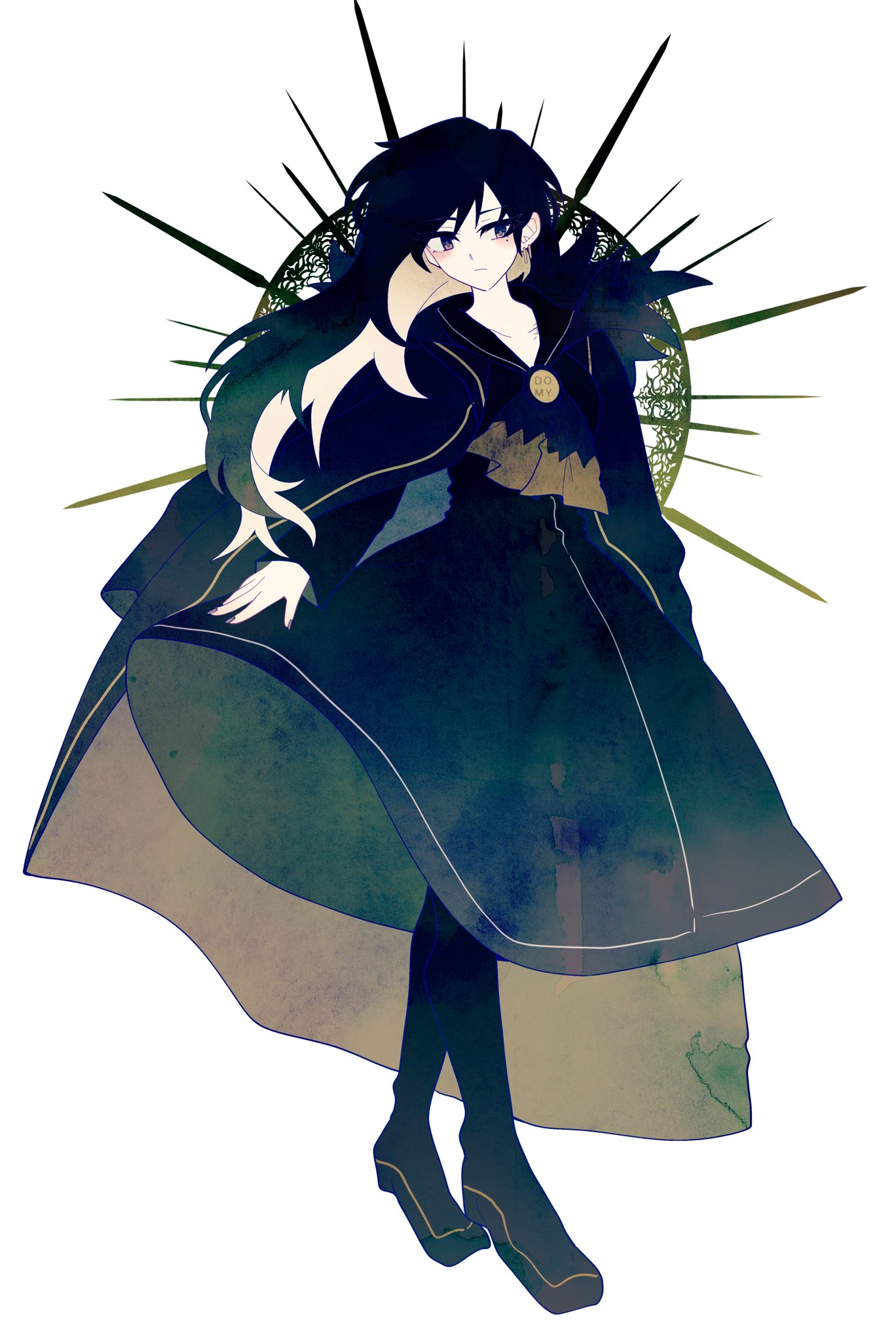 1girl, 9sn6m, ascot, binah_(project_moon), black_ascot, black_cape, black_dress, black_footwear, black_hair, black_sailor_collar, blonde_hair, boots, cape, closed_mouth, colored_inner_hair, dress, full_body, highres, library_of_ruina, long_hair, long_sleeves, multicolored_hair, project_moon, sailor_collar, simple_background, solo, white_background