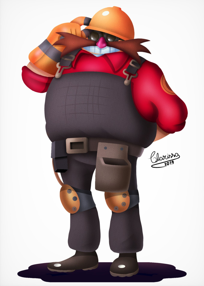 1boy, arm_behind_back, belt_pouch, black_footwear, brown_overalls, clarissa_arts, cosplay, crossover