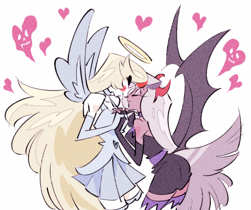 2girls, angel, angel_and_devil, blonde_hair, charlie_morningstar, demon_girl, demon_horns, hazbin_hotel, highres, horns, long_hair, multiple_girls, sitting, vaggie, white_hair, yasutak1192, yuri