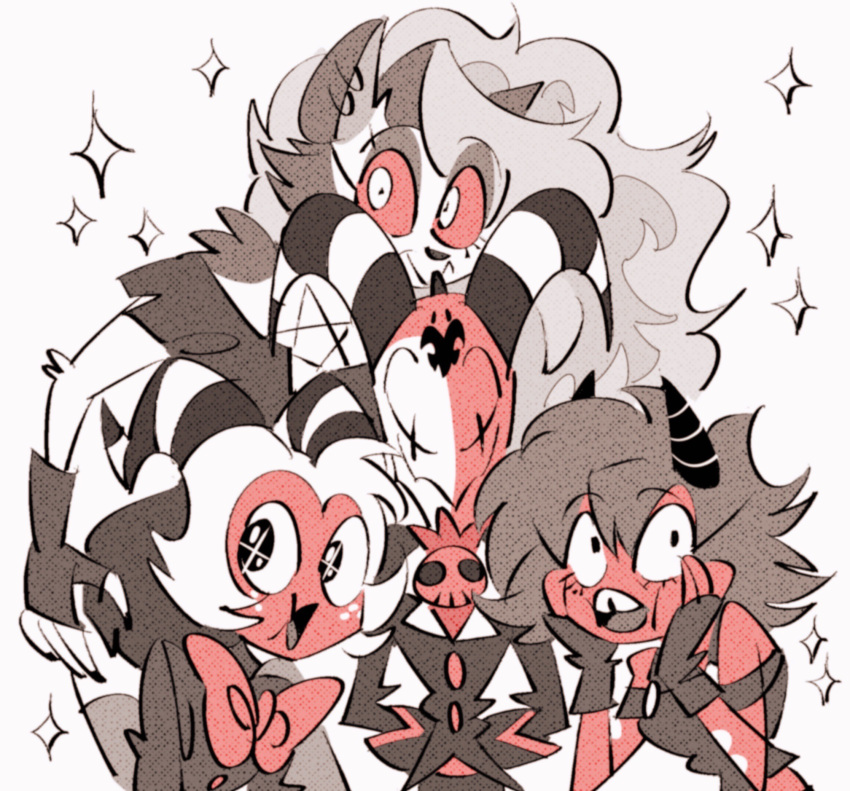 2boys, 2girls, animal_ears, blitzo_(helluva_boss), colored_skin, demon_boy, demon_girl, demon_horns