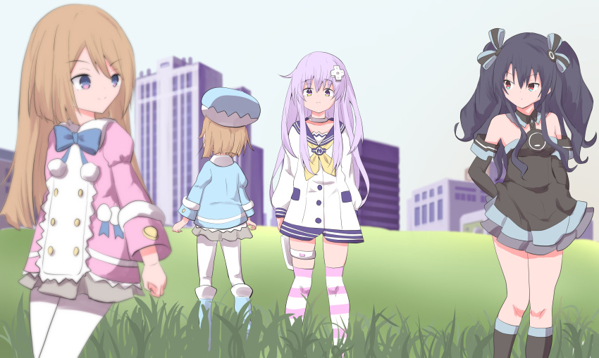 4girls, absurdres, black_dress, black_hair, blue_bow, blue_bowtie, blue_coat, blue_hat