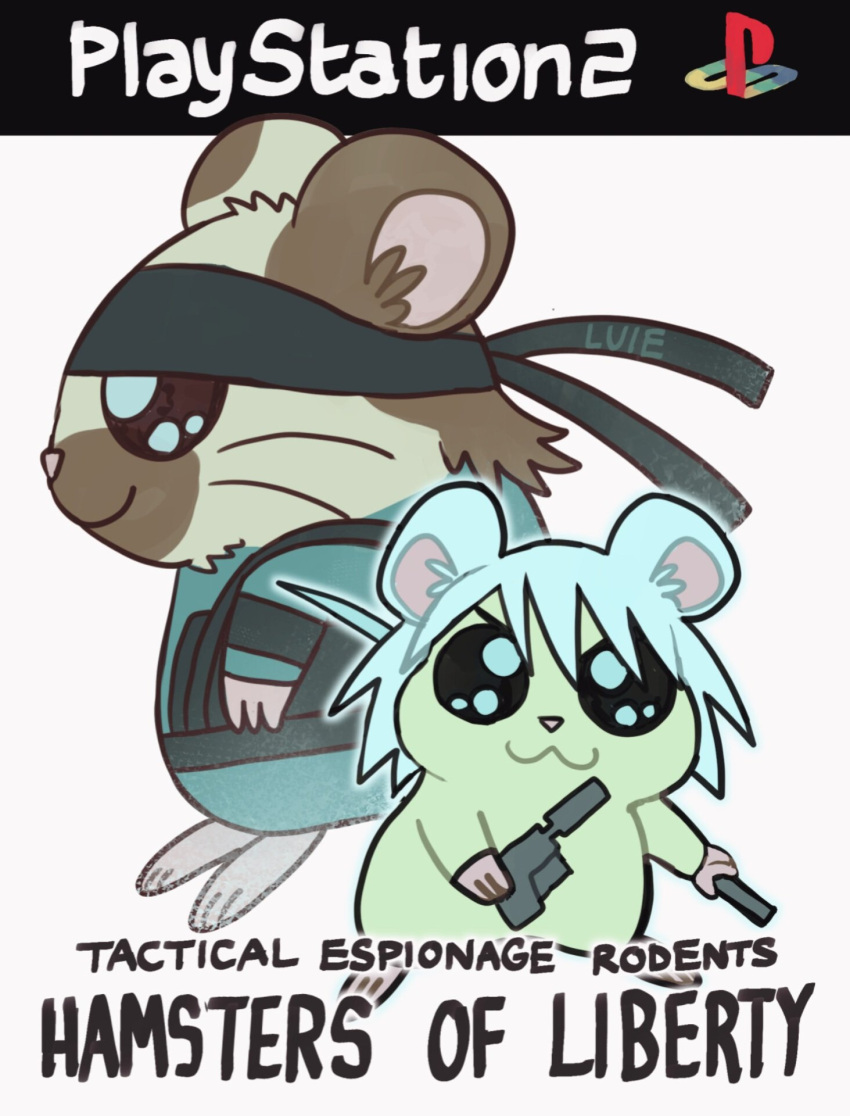 2boys, animalization, bandana, brainrot_robot, brown_hair, character_request, cover, english_commentary, english_text, facial_hair, fake_cover, game_console, gun, hamtaro_(series), highres, holding, holding_gun, holding_weapon, male_focus, metal_gear_(series), metal_gear_solid_2:_sons_of_liberty, multiple_boys, parody, playstation_2, playstation_logo, short_hair, weapon, white_hair