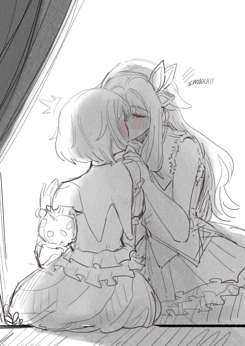 2girls, absurdres, bare_arms, blush, commentary, curtains, dress, english_commentary, english_text, greyscale, highres, kcmvnd, kiss, kusanagi_nene, long_hair, monochrome, multiple_girls, ootori_emu, project_sekai, short_hair, sitting, spot_color, yuri