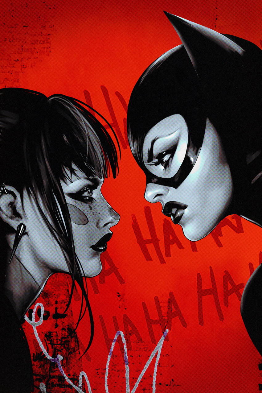 2girls, absurdres, batman_(series), black_bodysuit, black_lips, bodysuit, catsuit, catwoman, comic_cover, commentary, dc_comics, ear_piercing, english_commentary, from_side, greyscale_with_colored_background, highres, leather_suit, multiple_girls, piercing, punchline_(dc), selina_kyle, sozomaika