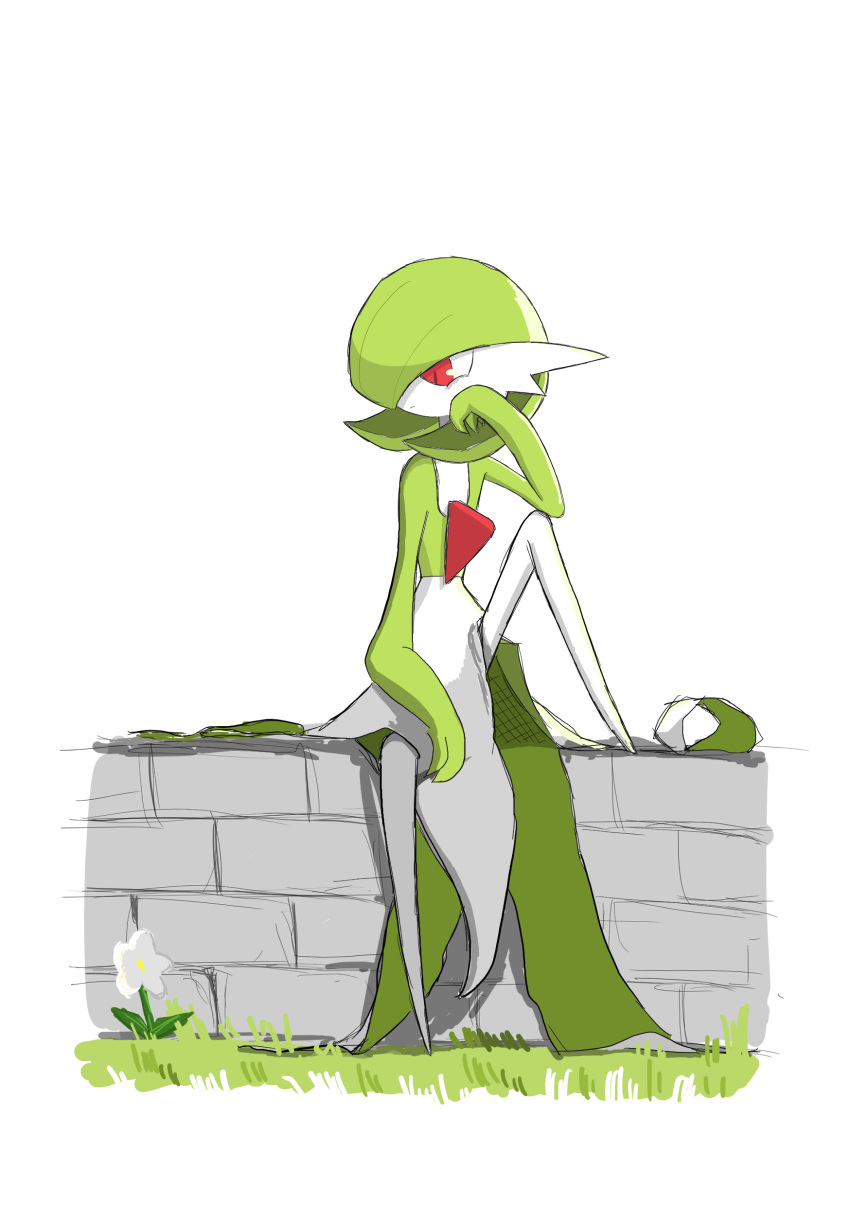 absurdres, brick_wall, colored_skin, dress, flower, gardevoir, grass, green_hair