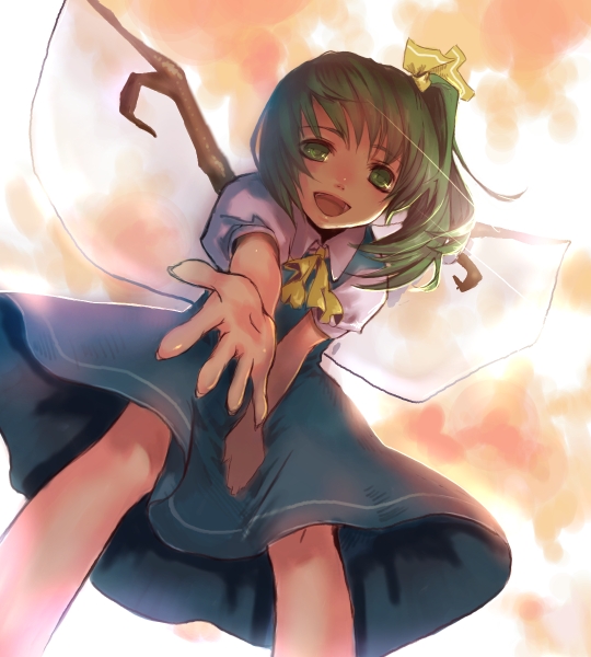 daiyousei, foreshortening, green_eyes, green_hair, hands, outstretched_arm, outstretched_hand, side_ponytail