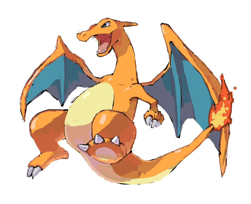 bishamon_(usagi_ba), blue_eyes, charizard, claws, colored_skin, fangs, fire, full_body