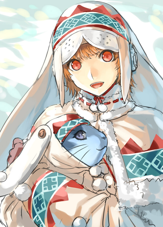 blonde_hair, bunny, capcom, earmuffs, felyne, gloves, hat, hug, monster_hunter, monster_hunter_portable_3rd, open_mouth, orange_eyes, original, rabbit, ran'ou_(tamago_no_kimi), ranou, short_hair, solo, urukususu_(armor), yellow_eyes