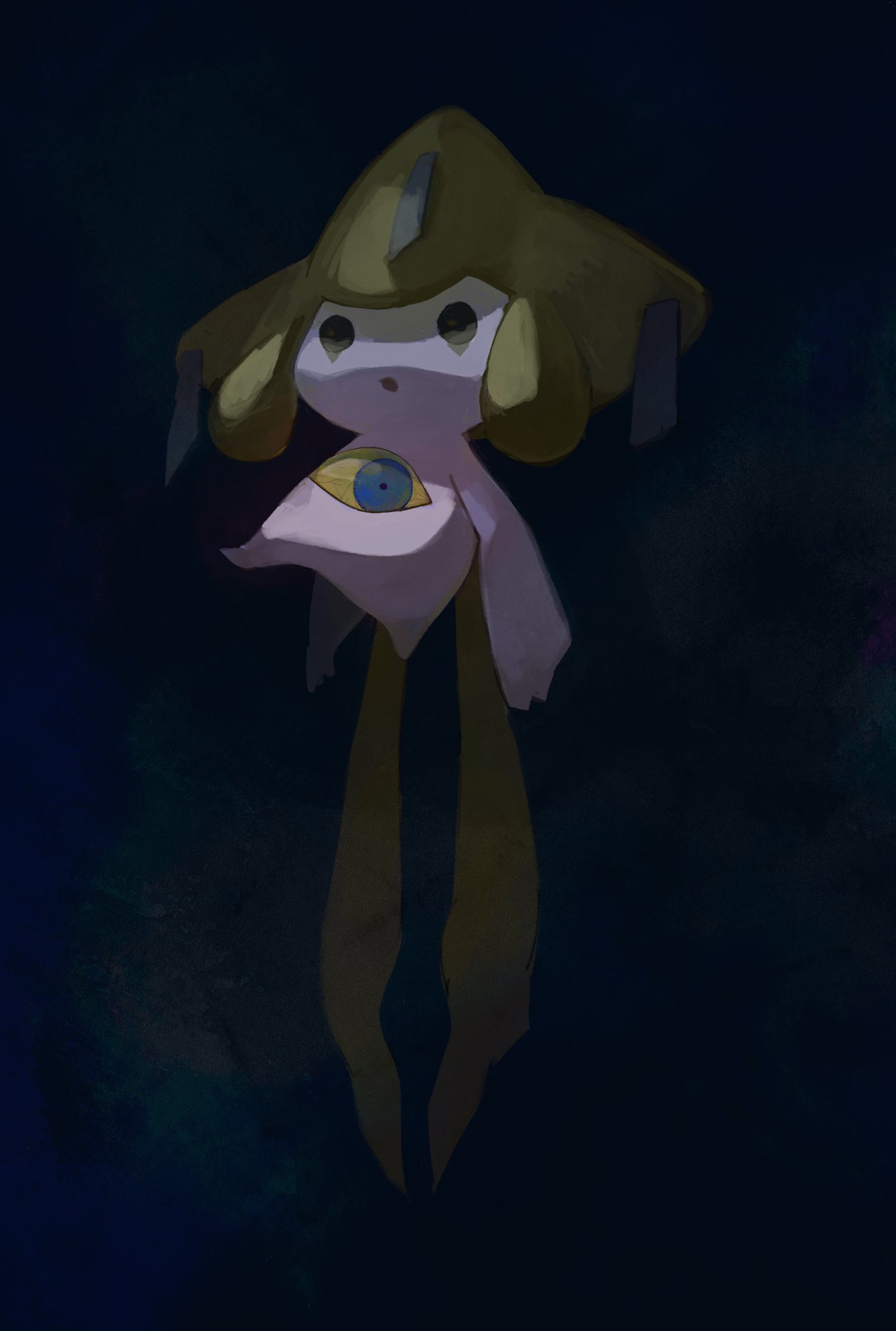 bishamon_(usagi_ba), black_eyes, bloodshot_eyes, blue_eyes, colored_sclera, colored_skin, empty_eyes, eye_on_belly, floating, full_body, highres, jirachi, open_mouth, partially_shaded_face, pokemon, pokemon_(creature), pokemon_rse, white_skin, yellow_sclera