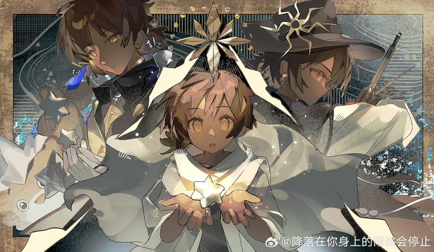 3boys, :o, age_progression, arknights, black_background, black_hat, black_shirt, border