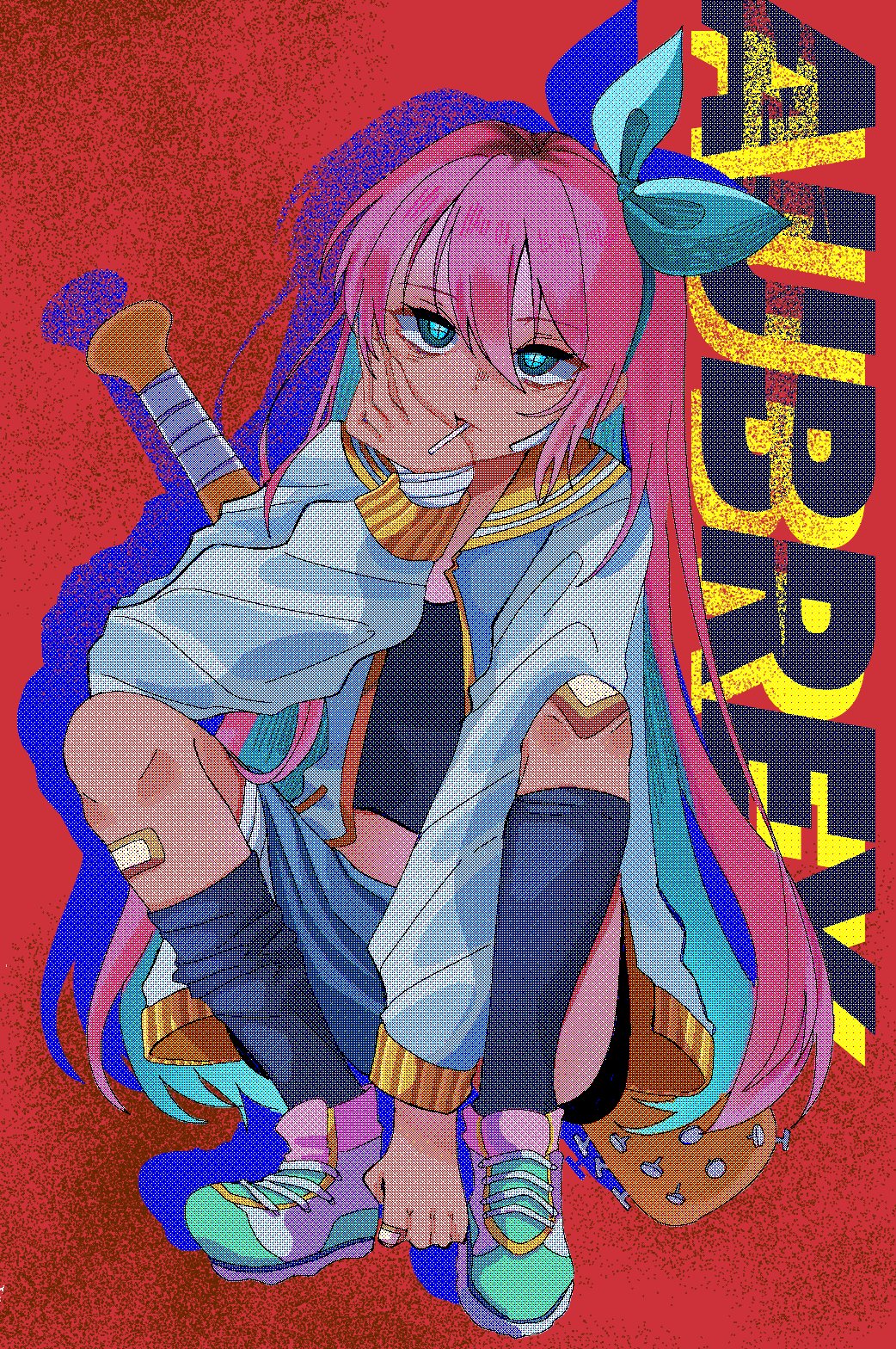 1girl, asaoka_born14, aubrey_(faraway)_(omori), aubrey_(omori), bandaid, bandaid_on_knee, bandaid_on_leg, baseball_bat