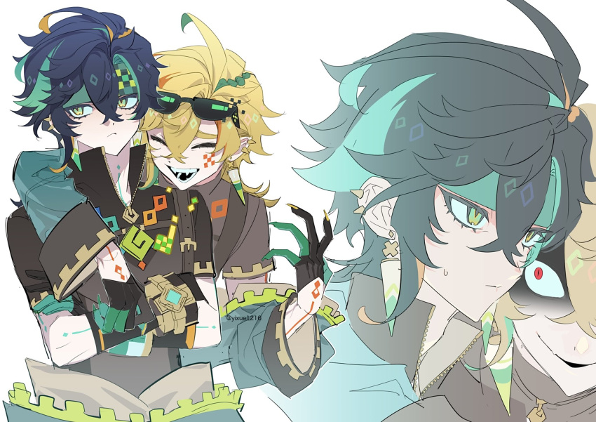 2boys, ahoge, ajaw_(genshin_impact), arm_around_shoulder, artist_name, averting_eyes, bishounen, black_gloves