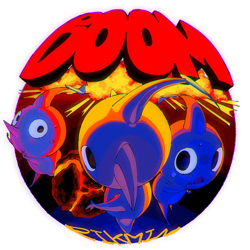 black_eyes, blue_pikmin, bomb_rock, explosion, highres, looking_at_viewer, no_humans, open_mouth