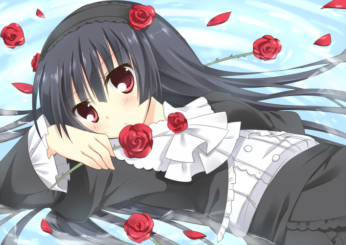 1girl, black_hair, dress, flower, gokou_ruri, gothic_lolita, in_water, lolita_fashion