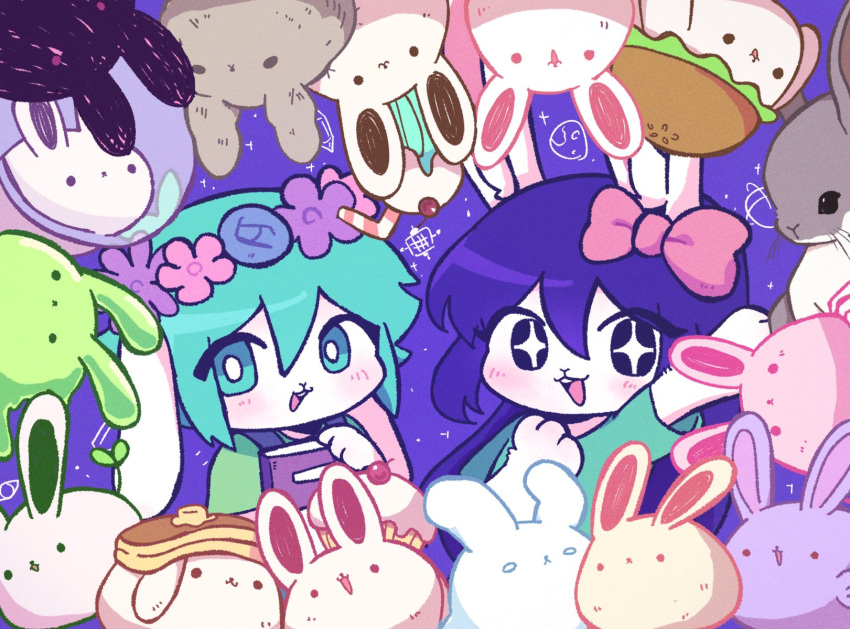 +_+, 1boy, 1girl, aubrey_(headspace)_(omori), aubrey_(omori), basil_(headspace)_(omori), basil_(omori), blue_overalls