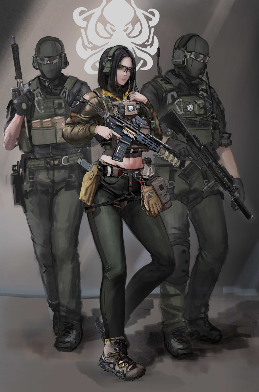 1girl, 2others, absurdres, arena_breakout, assault_rifle, balaclava, bulletproof_vest, ear_protection