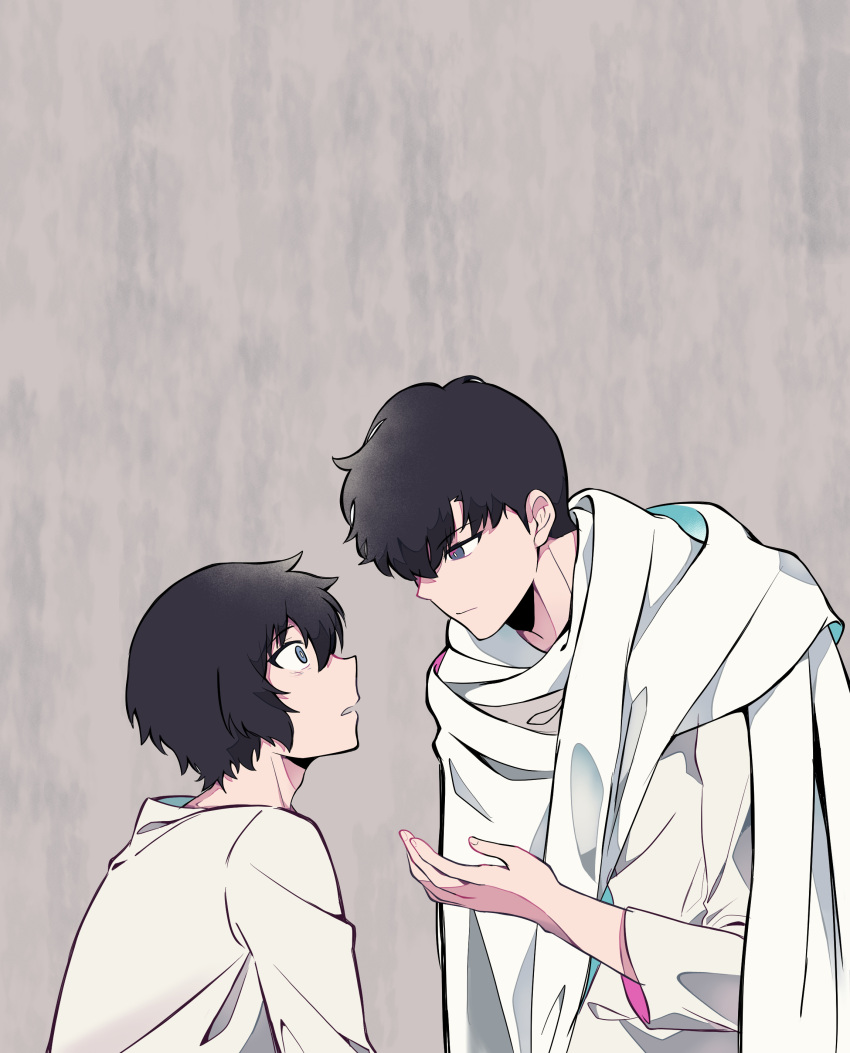 2boys, absurdres, black_hair, blue_eyes, closed_mouth, dual_persona, hair_between_eyes, highres, long_sleeves, multiple_boys, open_mouth, robe, shinoyask, shirt, short_hair, solo_leveling, sung_jin-woo, white_robe, white_shirt