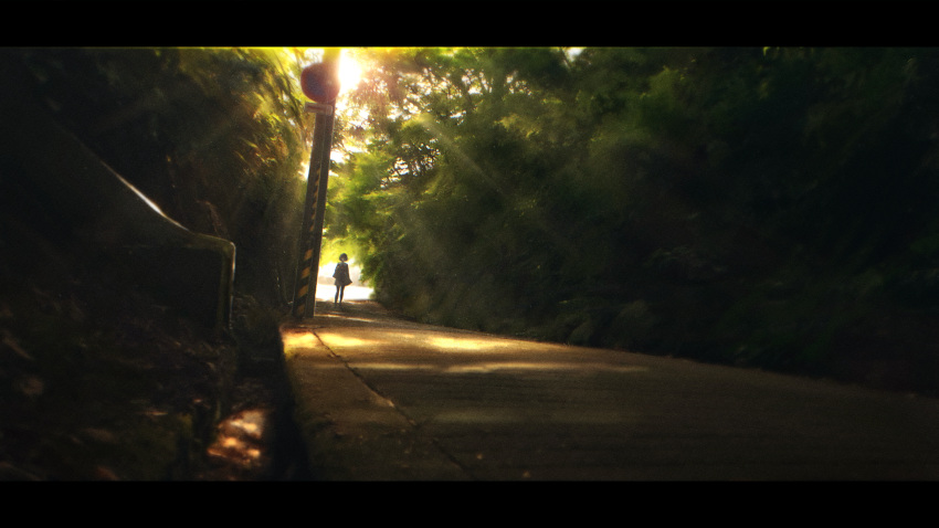 1girl, absurdres, black_border, border, bush, dappled_sunlight, day, english_commentary