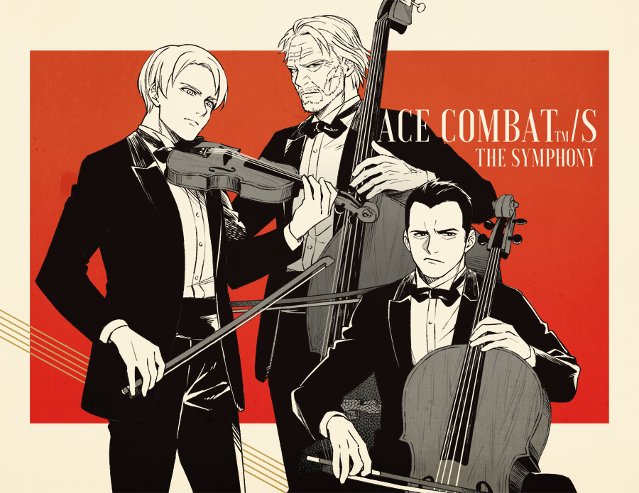 3boys, ace_combat, ace_combat_7, alternate_costume, beard, border, bow, bow_(music)