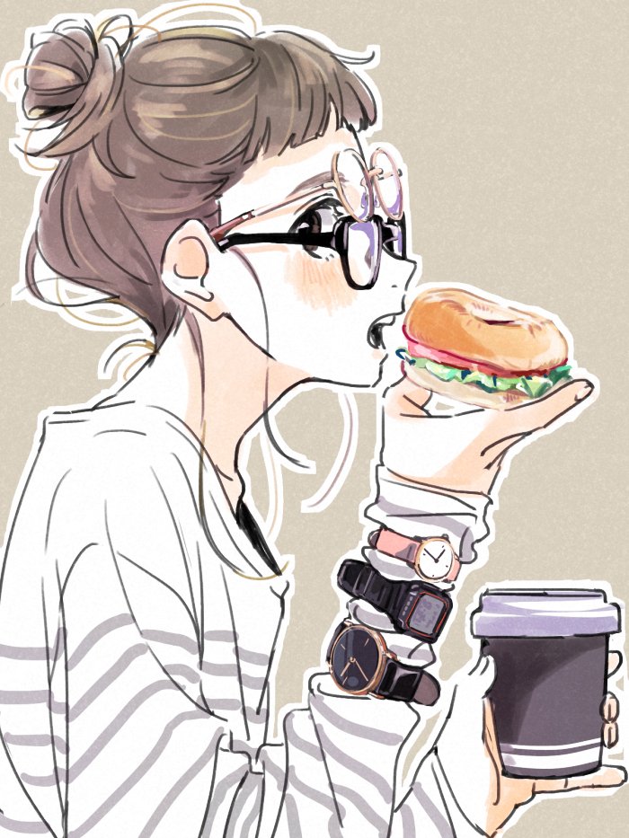 1girl, anarchy_ptck, bad_id, bad_twitter_id, black-framed_eyewear, blunt_bangs, brown_eyes, brown_hair