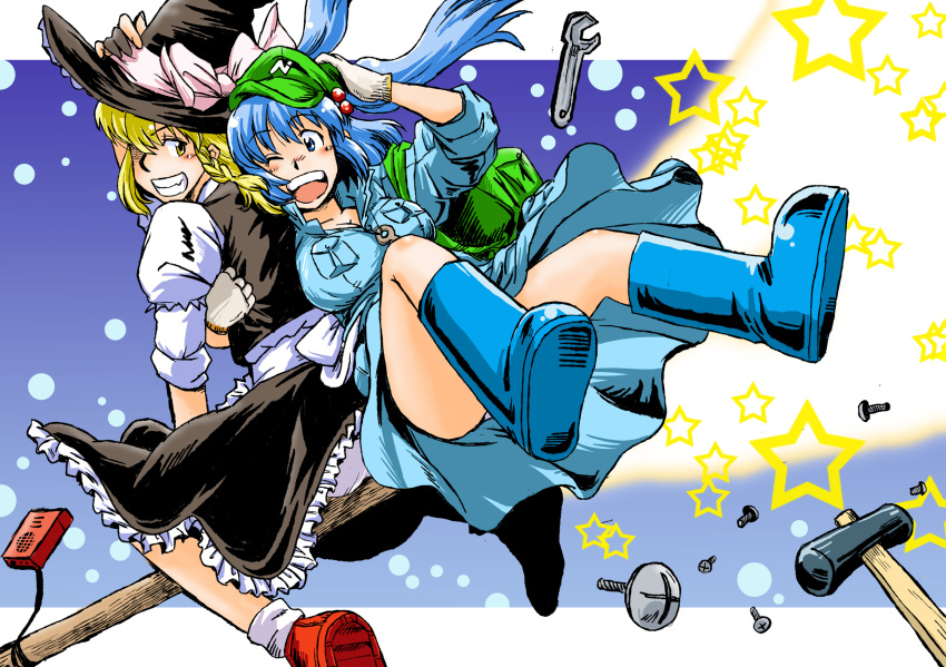 azuki_osamitsu, blonde_hair, blue_eyes, blue_hair, braid, broom, broom_riding, grin