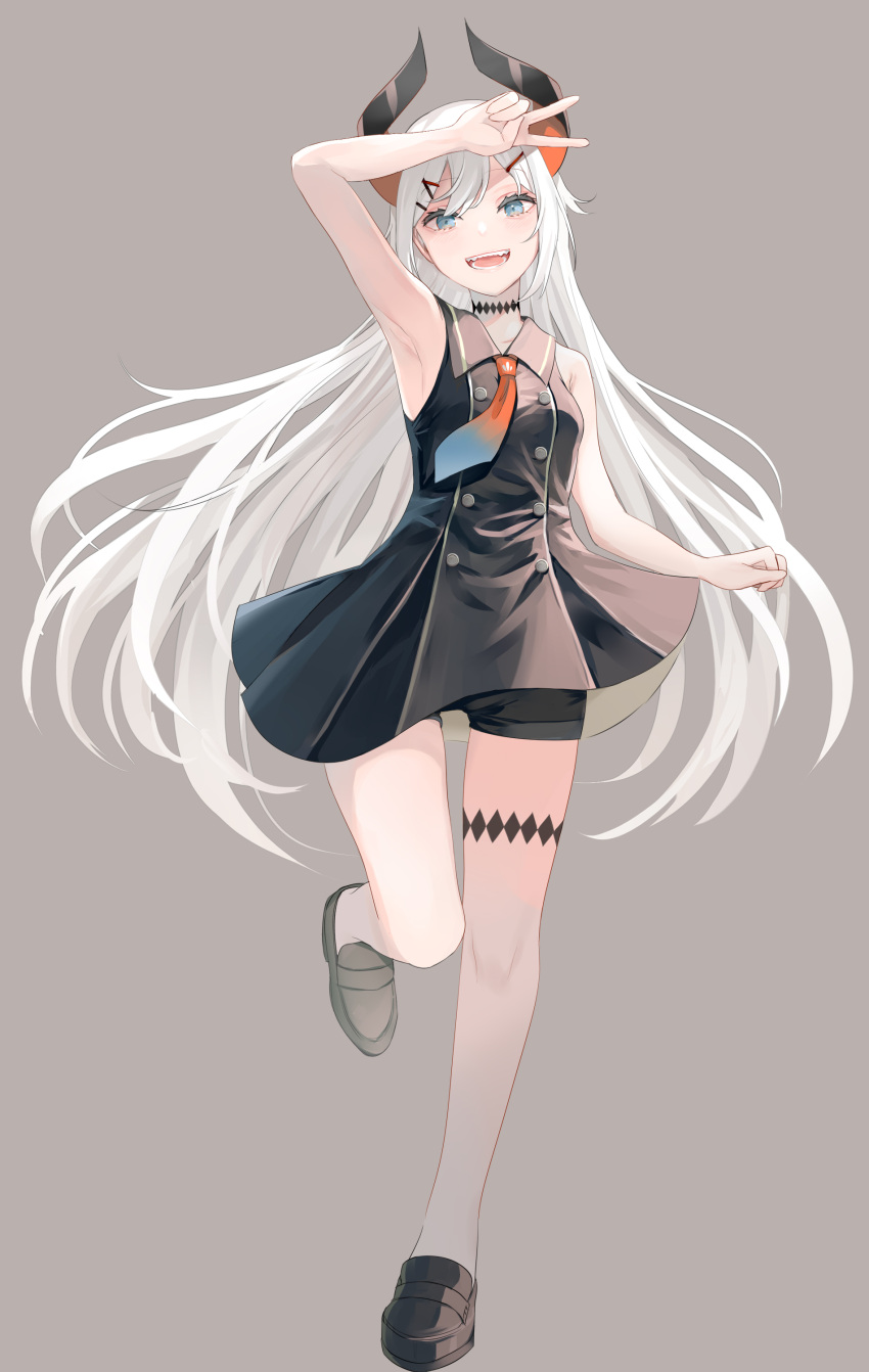 1girl, absurdres, arm_up, armpits, black_horns, blue_eyes, blue_necktie, curled_horns