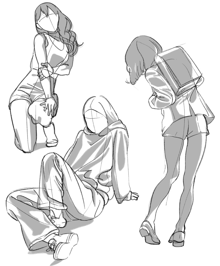 1girl, greyscale, guide, highres, hood, jacket, long_hair, monochrome