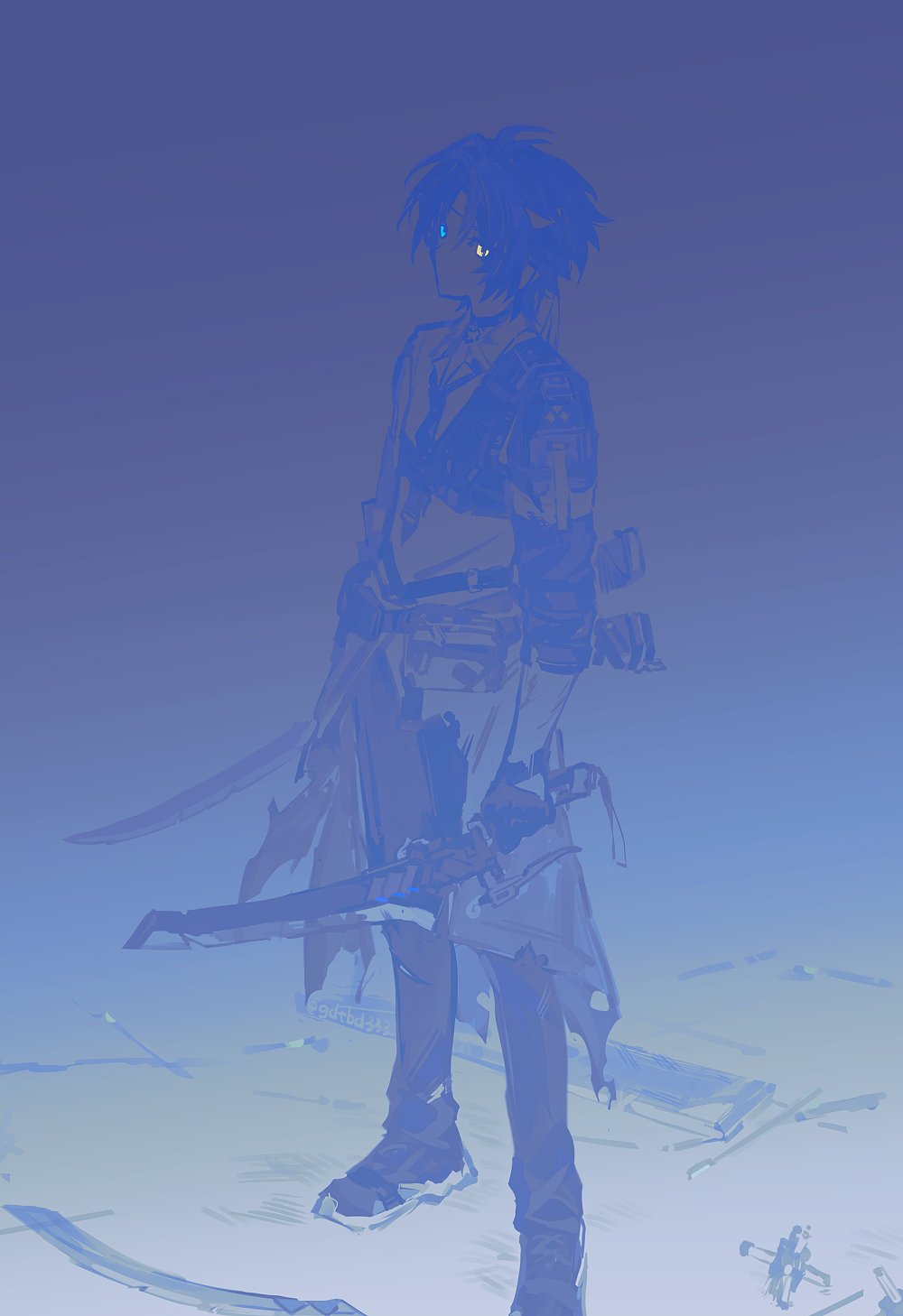 1boy, asaba_harumasa, blue_eyes, blue_theme, choker, clothes_around_waist, collared_shirt, dual_wielding
