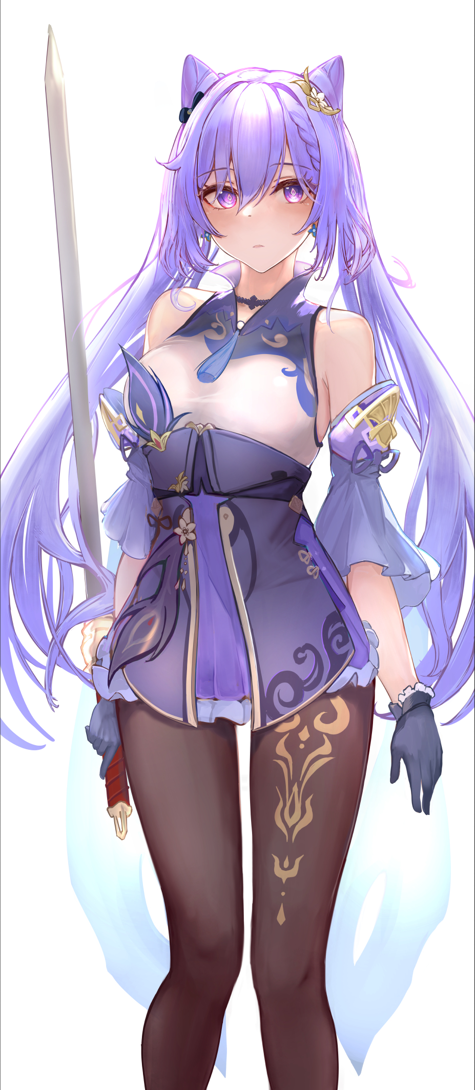 1girl, asaikeu, bare_shoulders, brown_pantyhose, cone_hair_bun, dress, genshin_impact, gloves