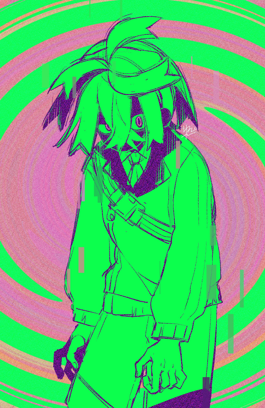 1boy, 4lily, absurdres, collared_shirt, commentary_request, crossed_bangs, glitch, gloves