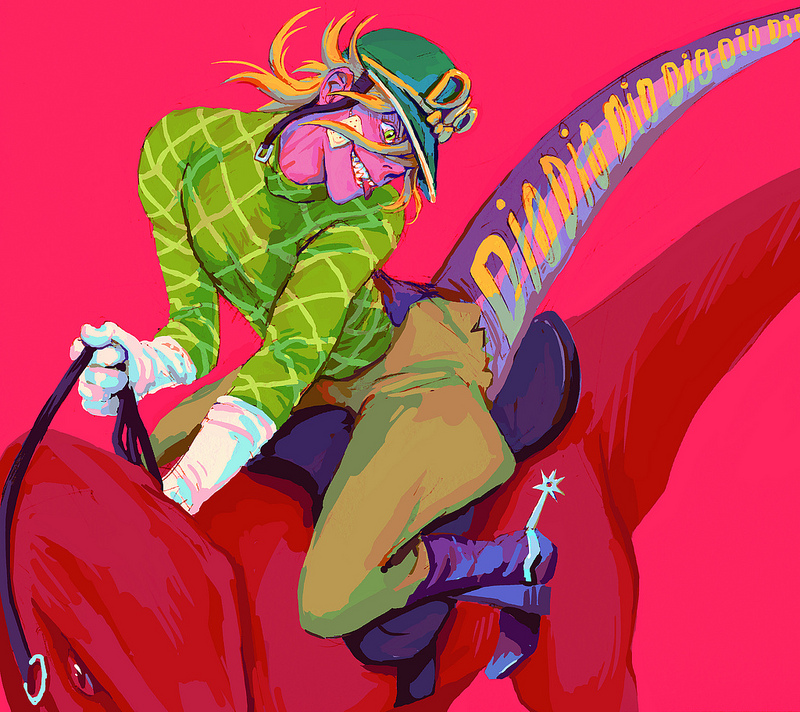 1boy, black_footwear, blonde_hair, boots, commentary_request, diego_brando, dinosaur, dinosaur_boy