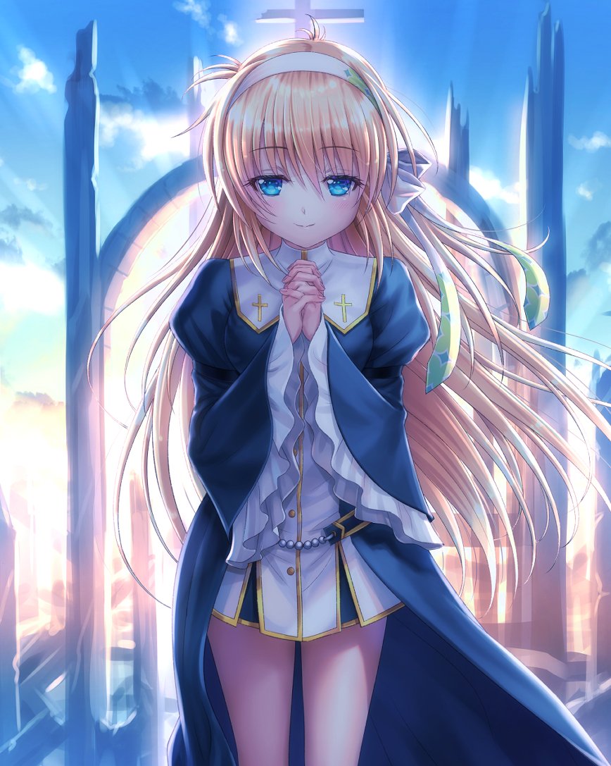 1girl, black_dress, black_footwear, blonde_hair, blue_eyes, blue_sky, clouds, commentary_request