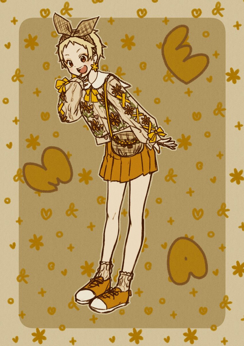 1girl, :d, absurdres, blonde_hair, bow, commentary_request, floral_print, full_body, hair_bow, highres, idolmaster, idolmaster_cinderella_girls, long_sleeves, open_mouth, orange_footwear, orange_skirt, senzaki_ema, shoes, short_hair, skirt, smile, socks, solo, standing, taidanotori, teeth, upper_teeth_only, very_short_hair