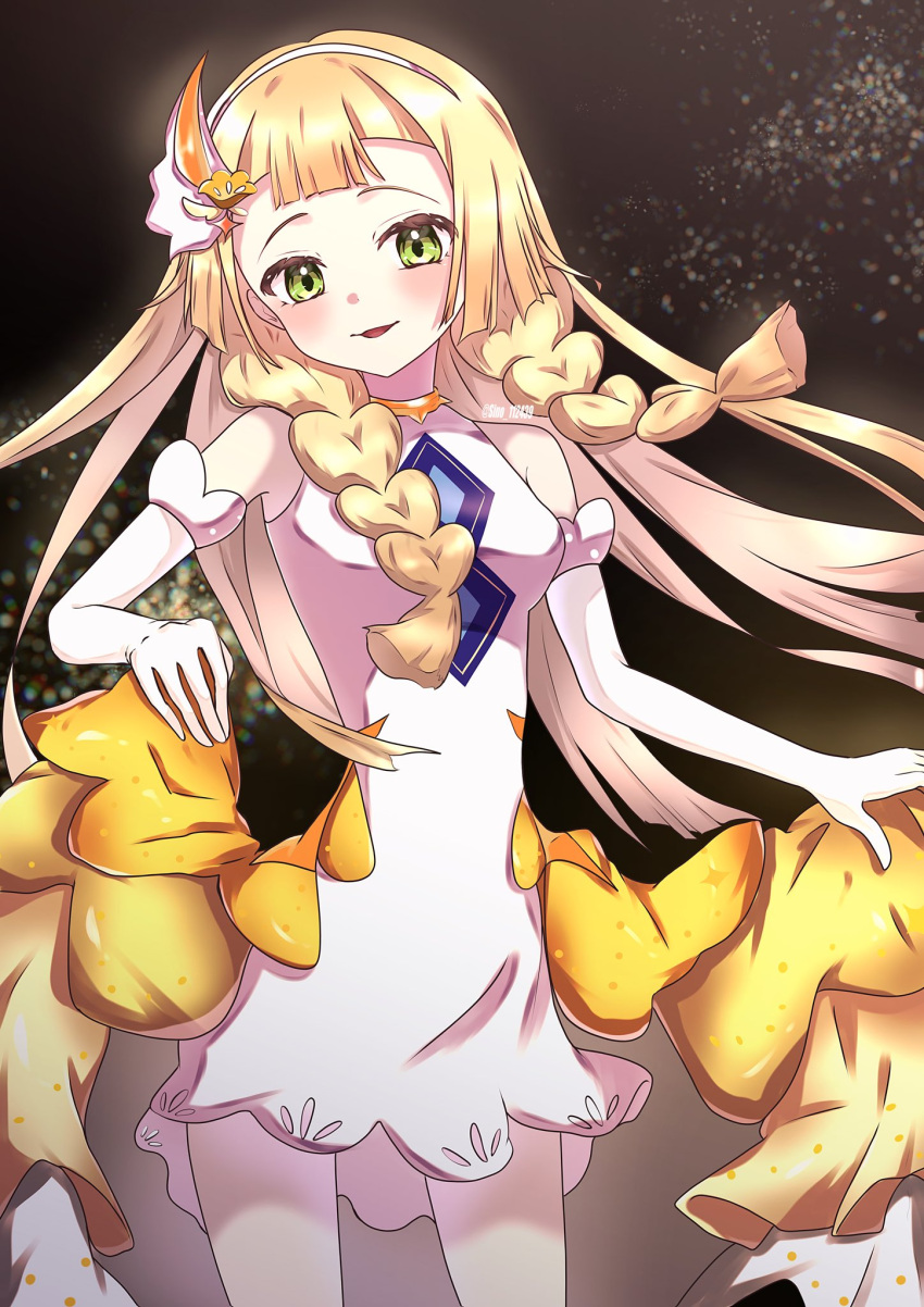 1girl, :d, bare_shoulders, blonde_hair, braid, cowboy_shot, dress, elbow_gloves