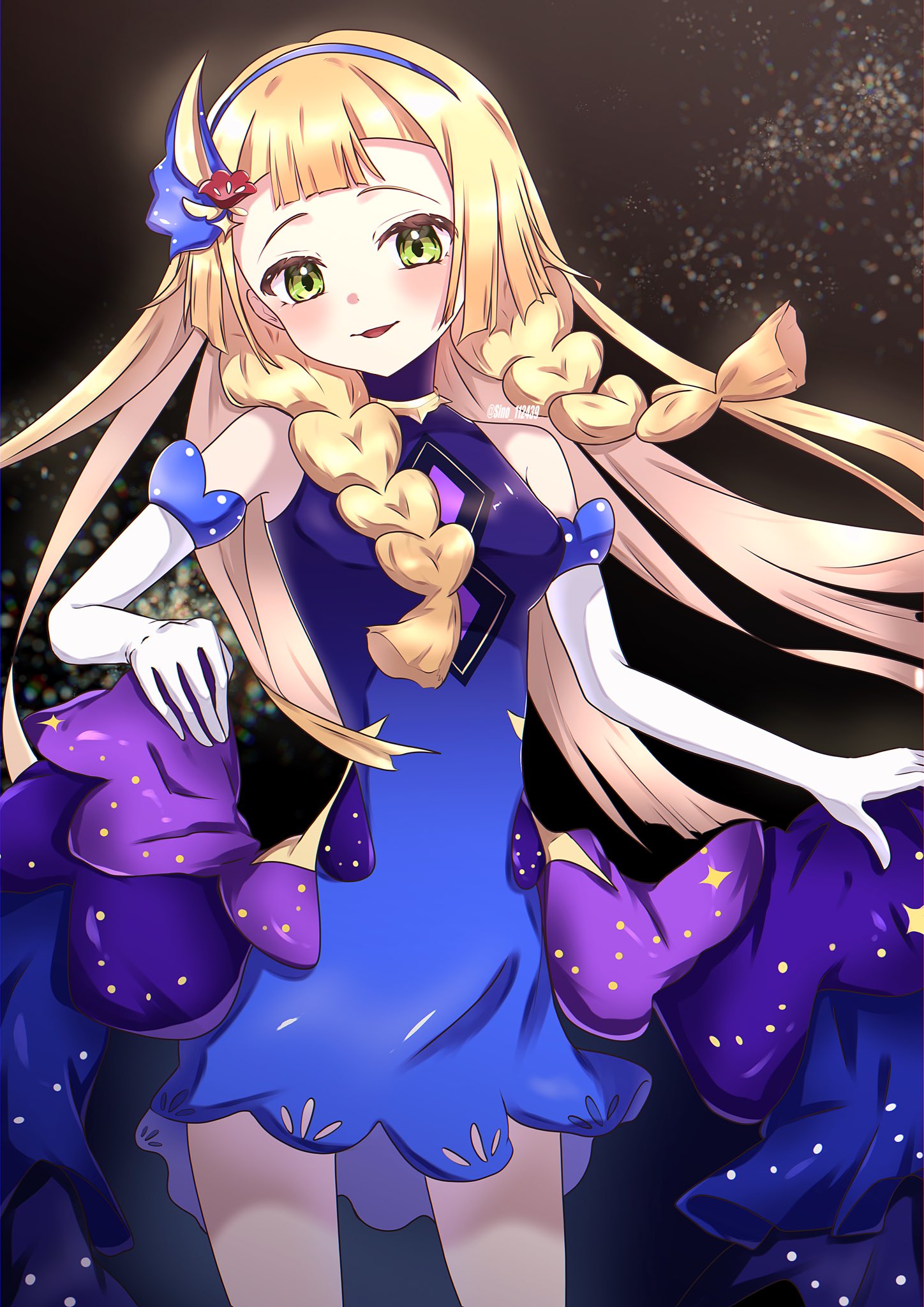 1girl, :d, bare_shoulders, blonde_hair, blue_dress, blue_hairband, braid, cowboy_shot