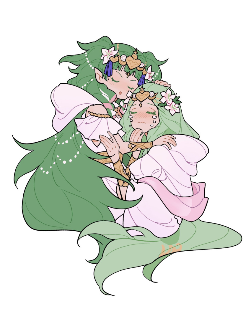 2girls, closed_eyes, closed_mouth, crying, dress, fire_emblem, fire_emblem:_three_houses, fire_emblem_heroes, flower, green_hair, hair_flower, hair_ornament, highres, hug, julianlynnnn, long_hair, mother_and_daughter, multiple_girls, official_alternate_costume, open_mouth, pointy_ears, rhea_(aura_of_love)_(fire_emblem), rhea_(fire_emblem), sothis_(aura_of_love)_(fire_emblem), sothis_(fire_emblem), very_long_hair, white_background, white_dress