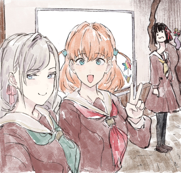 ._., 3girls, :d, aqua_eyes, aqua_neckerchief, black_hair, black_pantyhose, blue_eyes, blunt_bangs, blunt_ends, bob_cut, breasts, brown_dress, c:, ceras_yanagida_lilienfeld, cerise_bouquet, closed_mouth, commentary_request, crossed_bangs, dress, flower, flower_knot, gloom_(expression), grey_hair, hair_flower, hair_ornament, hair_ribbon, hasu_no_sora_school_uniform, hinoshita_kaho, indoors, link!_like!_love_live!, long_hair, long_sleeves, looking_at_viewer, love_live!, medium_breasts, medium_dress, medium_hair, momose_ginko, multiple_girls, neckerchief, open_mouth, orange_hair, pantyhose, pink_ribbon, pleated_dress, rabbit_hair_ornament, red_neckerchief, ribbon, sailor_collar, sailor_dress, school_uniform, selfie, short_hair, smile, smug, standing, swept_bangs, two_side_up, v, virtual_youtuber, wavy_mouth, white_sailor_collar, whiteboard, winter_uniform, yellow_neckerchief, yoruneko_yashiro