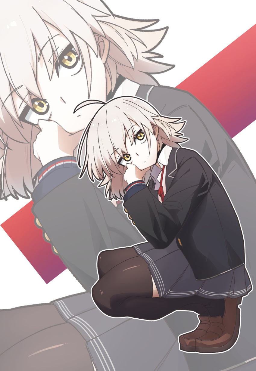 1girl, black_choker, black_jacket, black_thighhighs, brown_footwear, choker, closed_mouth, collared_shirt