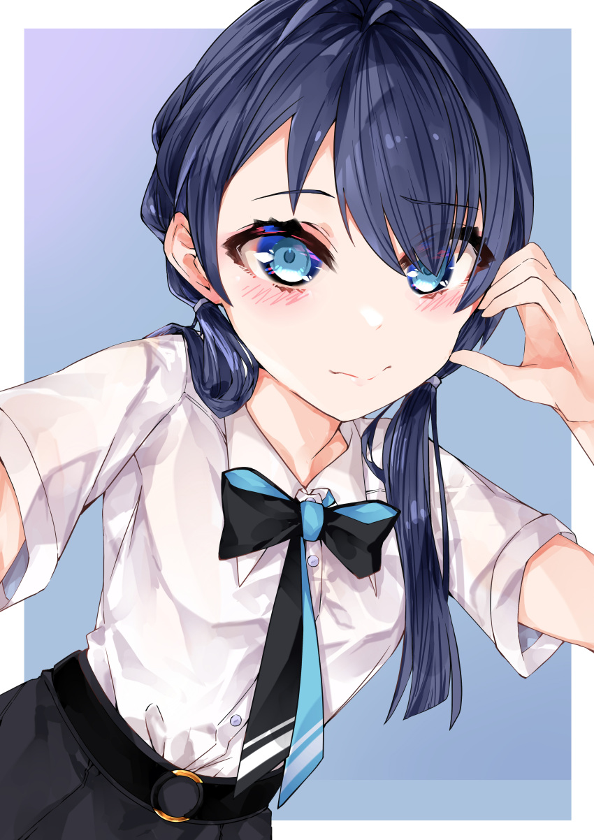 1girl, absurdres, belt, black_belt, black_necktie, black_skirt, blue_background, blue_eyes