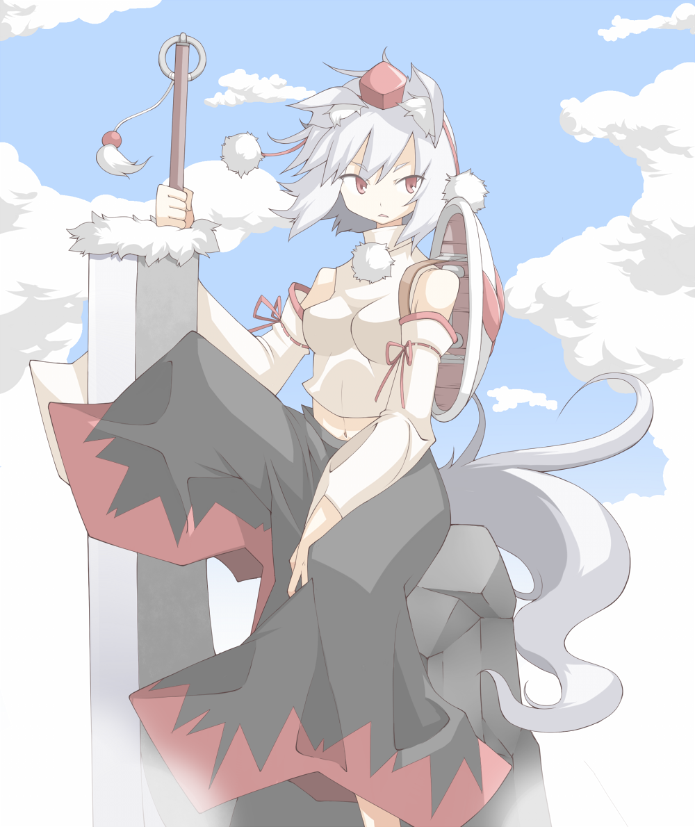 animal_ears, cloud, clouds, detached_sleeves, hat, huge_weapon, inubashiri_momiji, navel