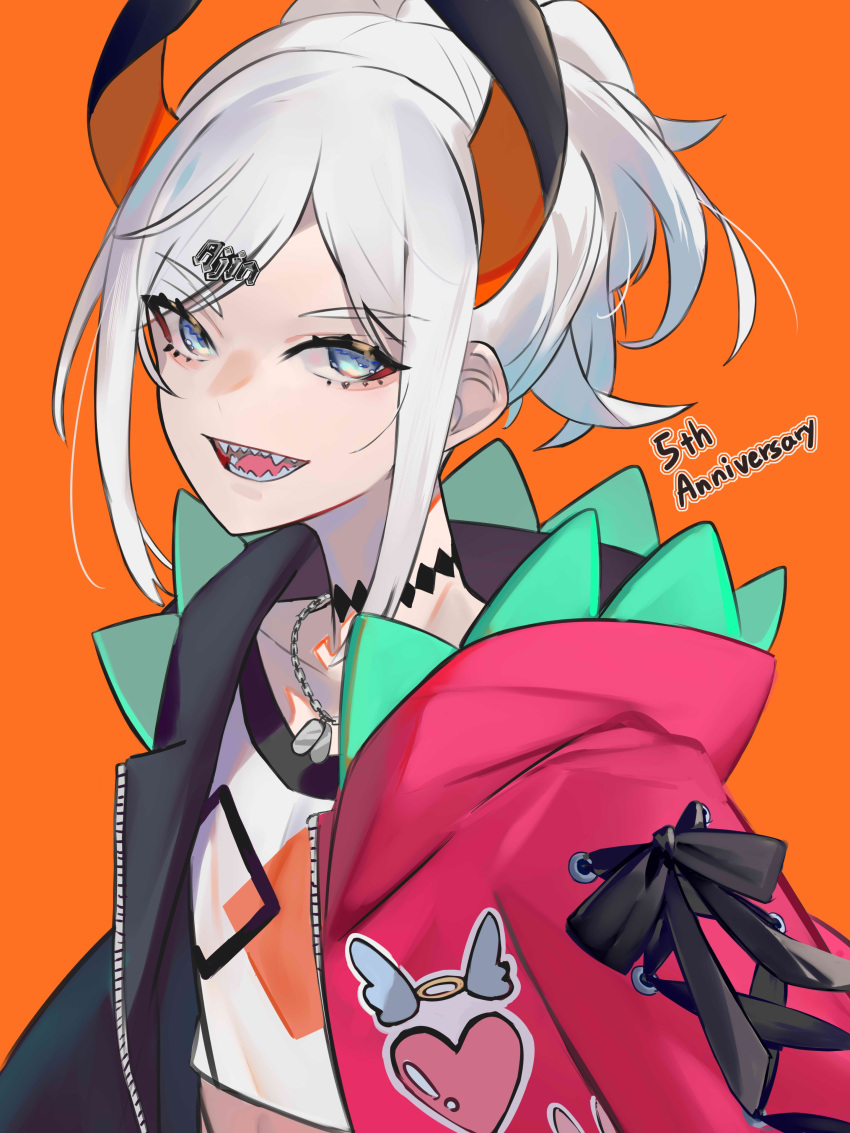 1girl, absurdres, black_horns, blue_eyes, crop_top, hair_ornament, hairclip, highres