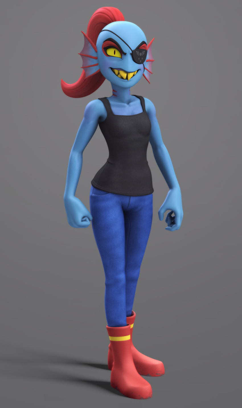 1girl, 2016, 3d, anthro, black_eyepatch, black_tank_top, blue_pants, blue_skin, boots, clenched_hand, colored_sclera, commentary, digital_media, ear_fins, english_commentary, eyepatch, female, female_only, fins, fish, fish_girl, full_body, grey_background, head_fins, high_ponytail, highres, large_filesize, long_hair, monster, monster_girl, pants, ponytail, rafaknight, red_boots, red_hair, sharp_teeth, simple_background, slit_pupils, solo, source_filmmaker_(medium), tank_top, undertale, undyne, utdr_(toby_fox), yellow_sclera, yellow_teeth
